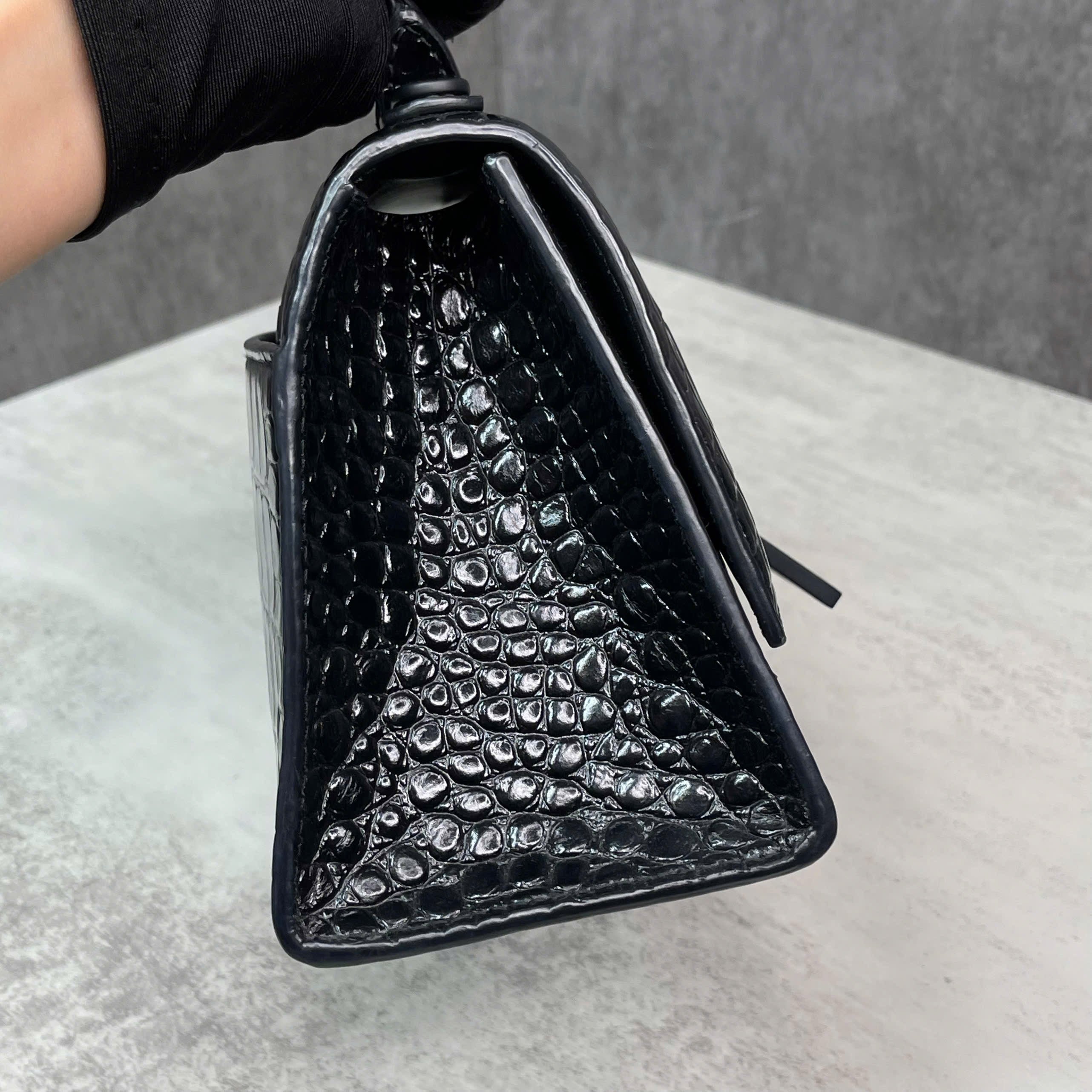 Balenciaga Hourglass Top Handle croc-embossed đen