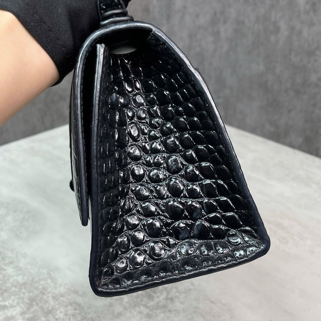 Balenciaga Hourglass Top Handle croc-embossed đen