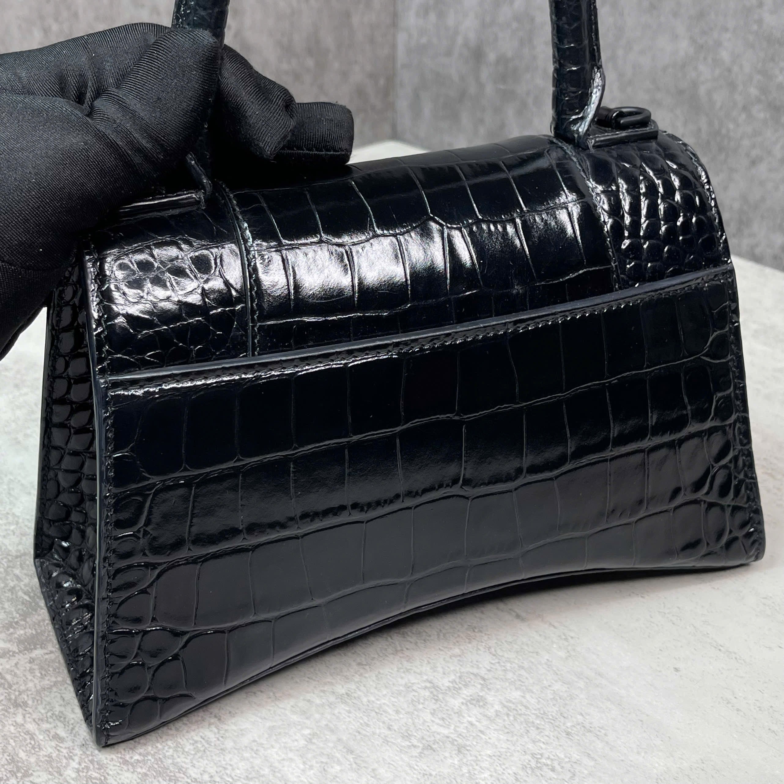 Balenciaga Hourglass Top Handle croc-embossed đen