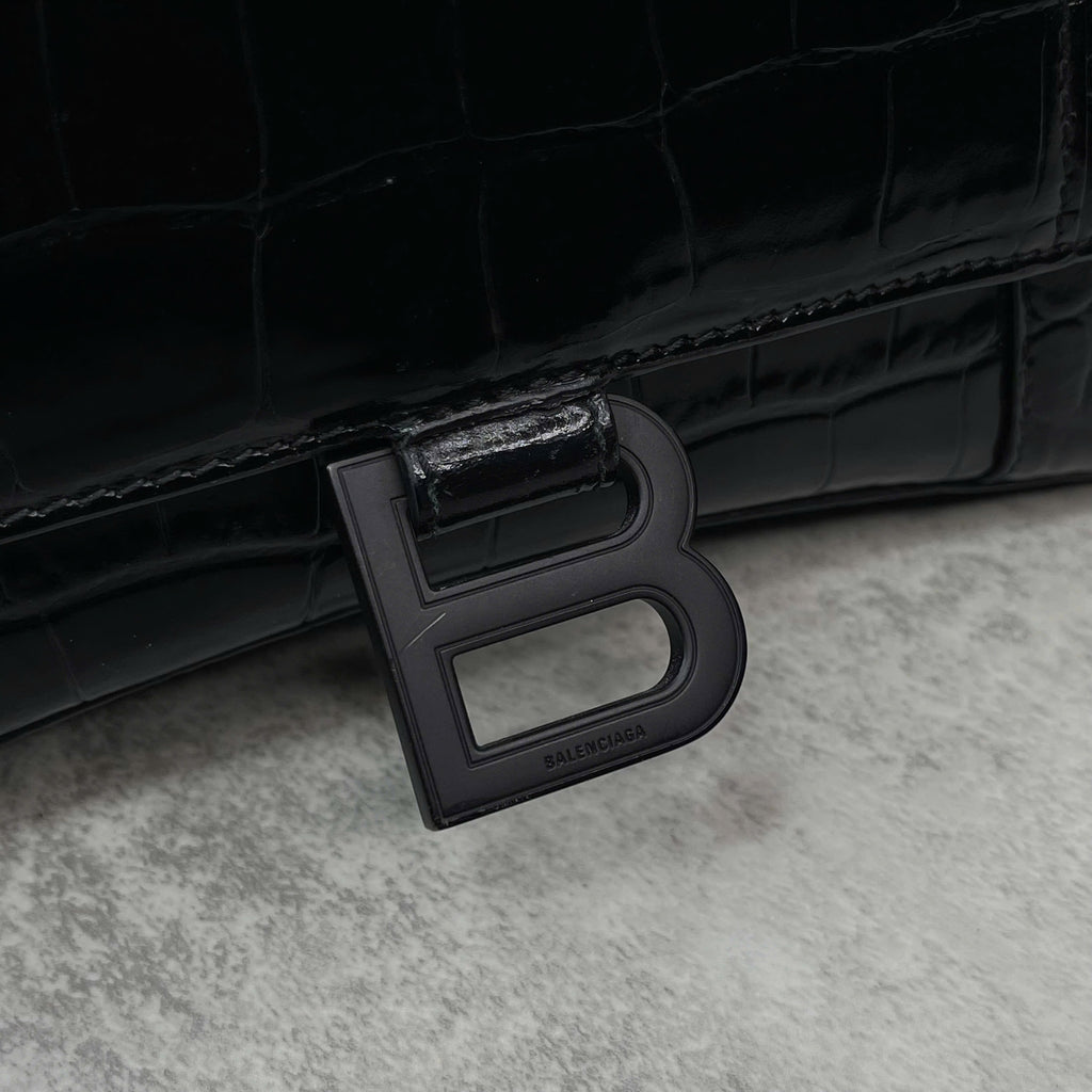 Balenciaga Hourglass Top Handle croc-embossed đen
