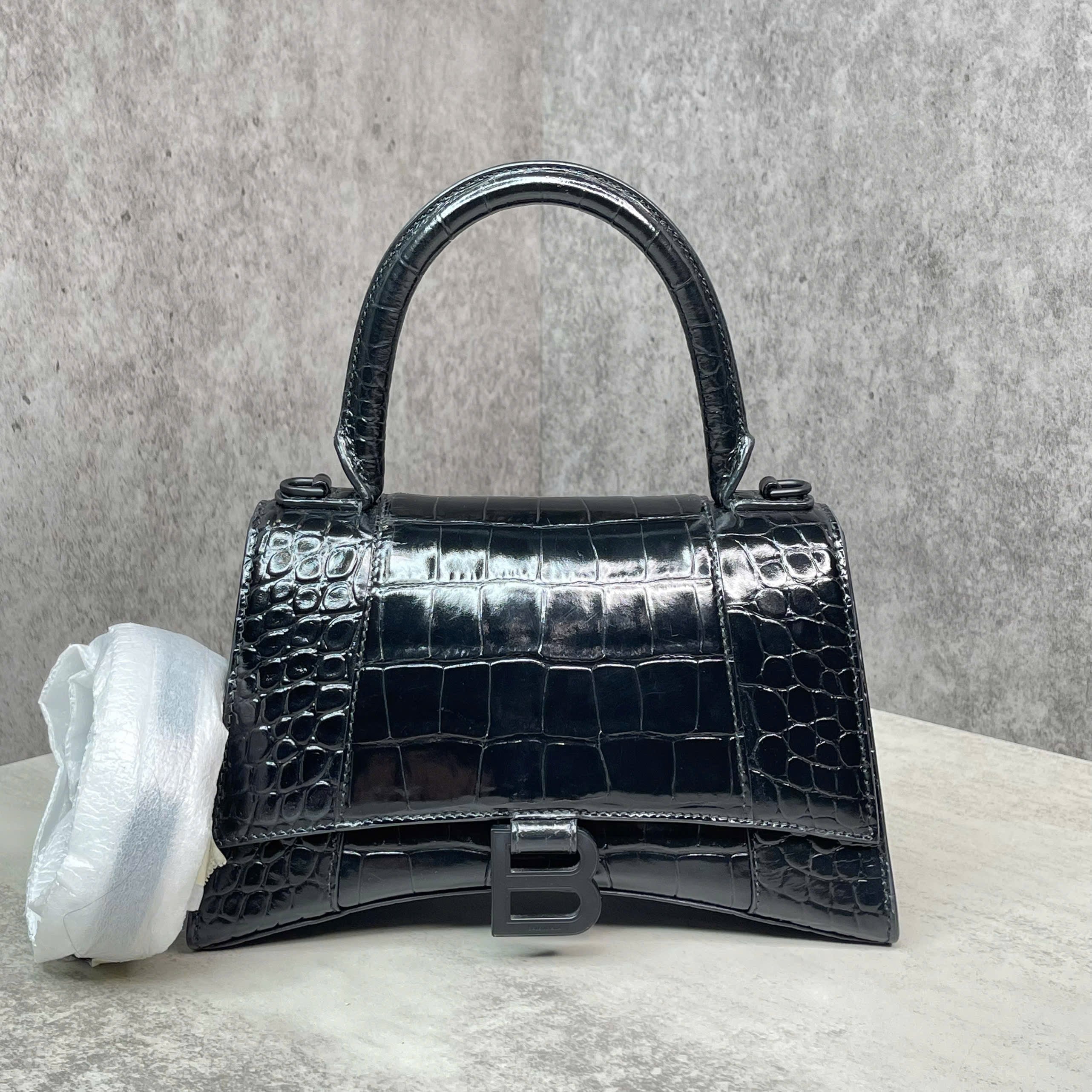 Balenciaga Hourglass Top Handle croc-embossed đen
