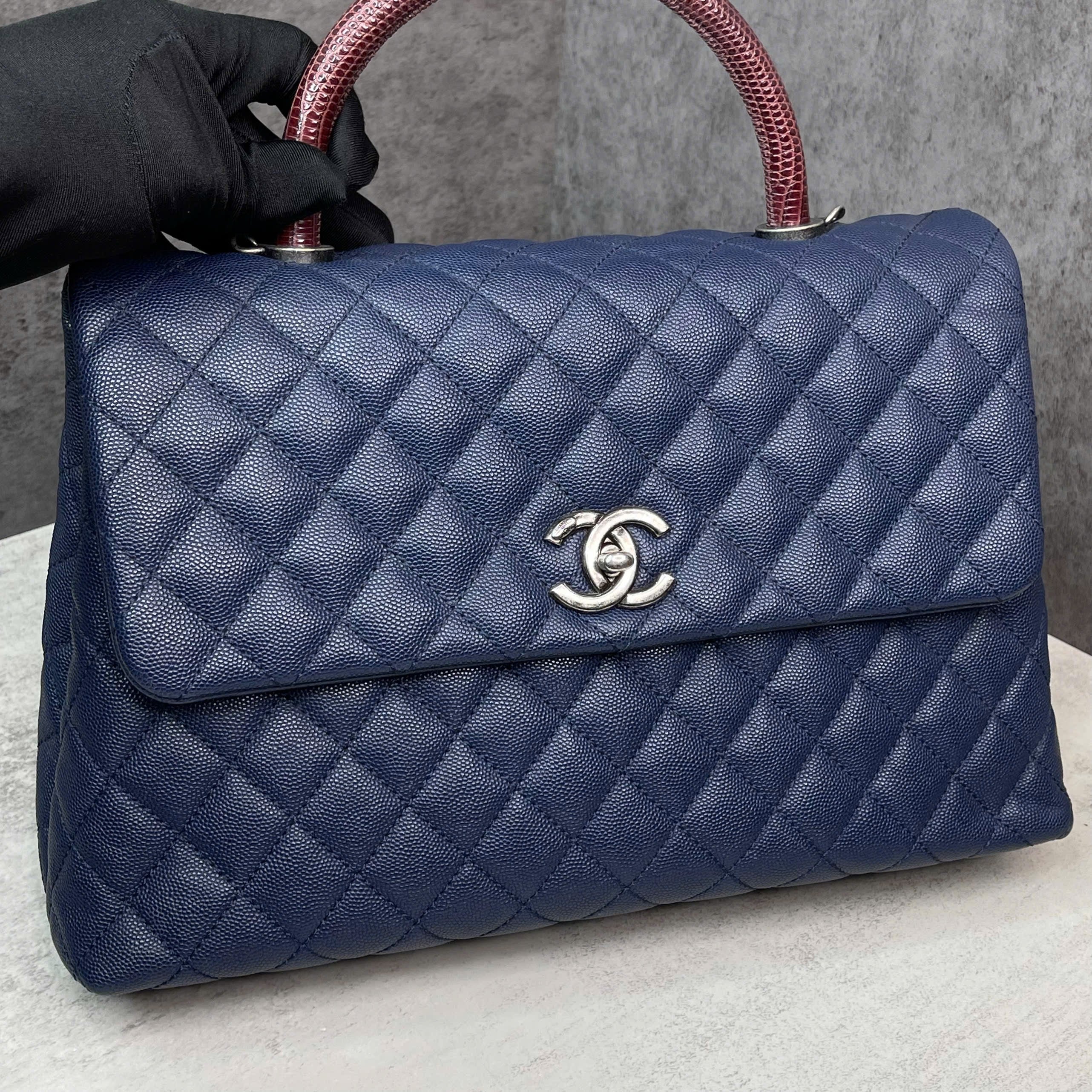 Chanel Coco Caviar xanh navy quai lizzard Code 23 size medium