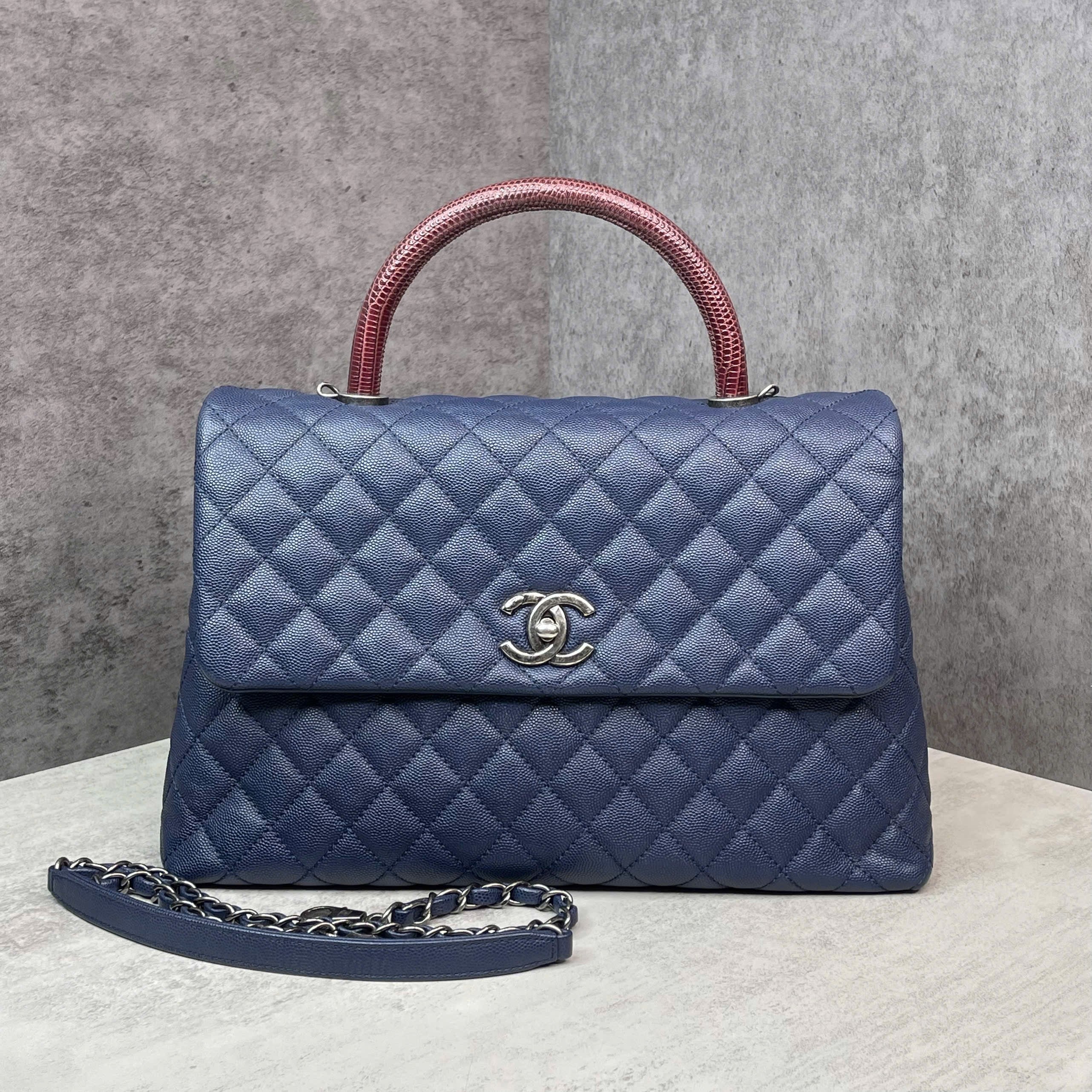 Chanel Coco Caviar xanh navy quai lizzard Code 23 size medium