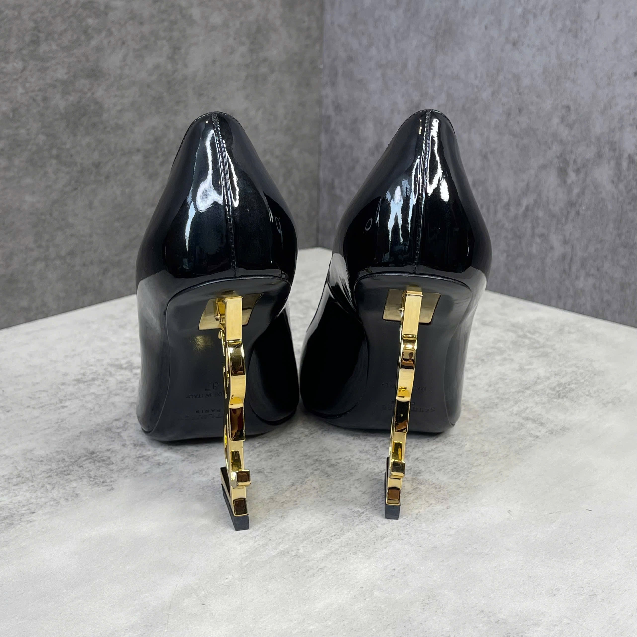 Guốc Saint Laurent Opyum Pumps Patent Leather Black – Gót YSL Gold Size 37