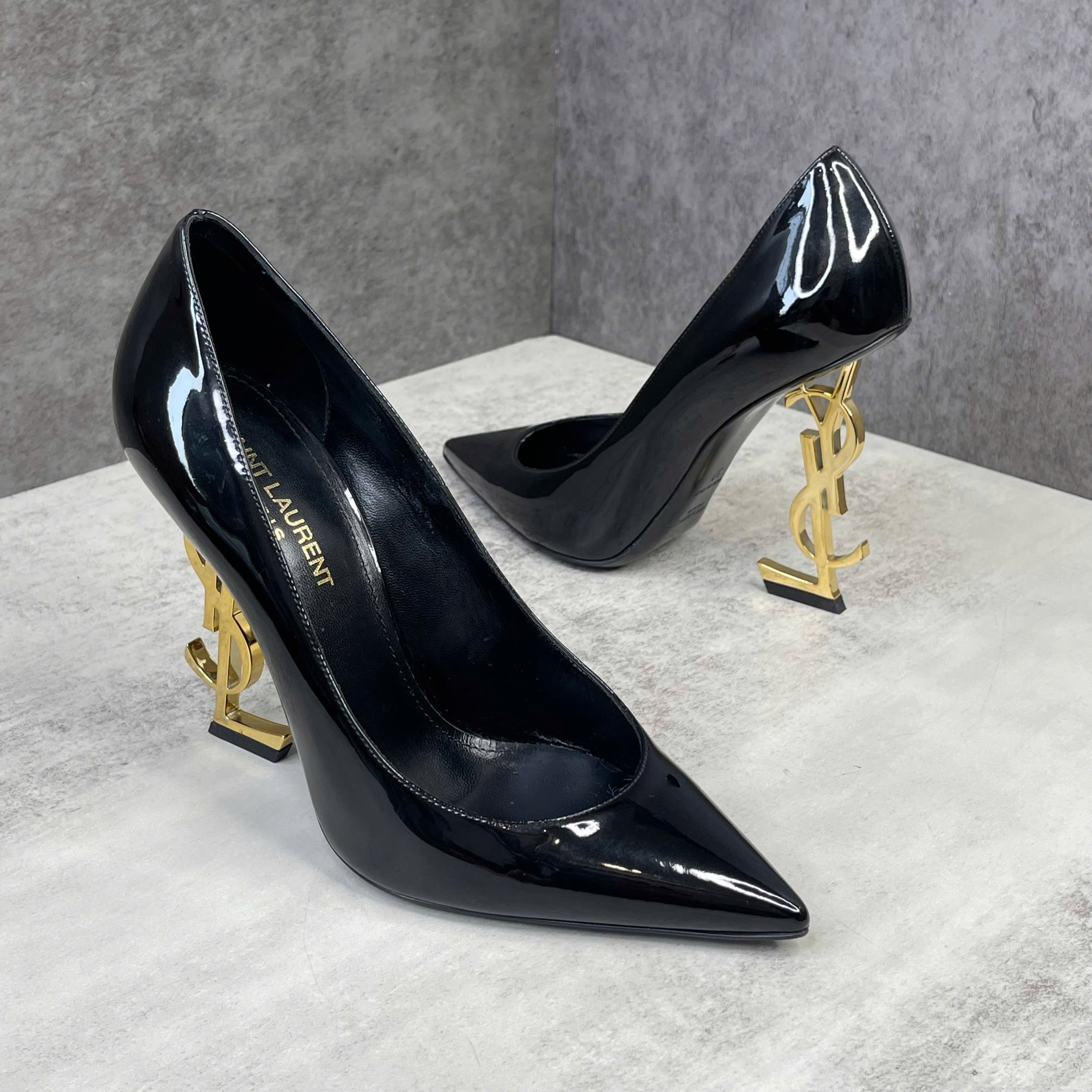 Guốc Saint Laurent Opyum Pumps Patent Leather Black – Gót YSL Gold Size 37
