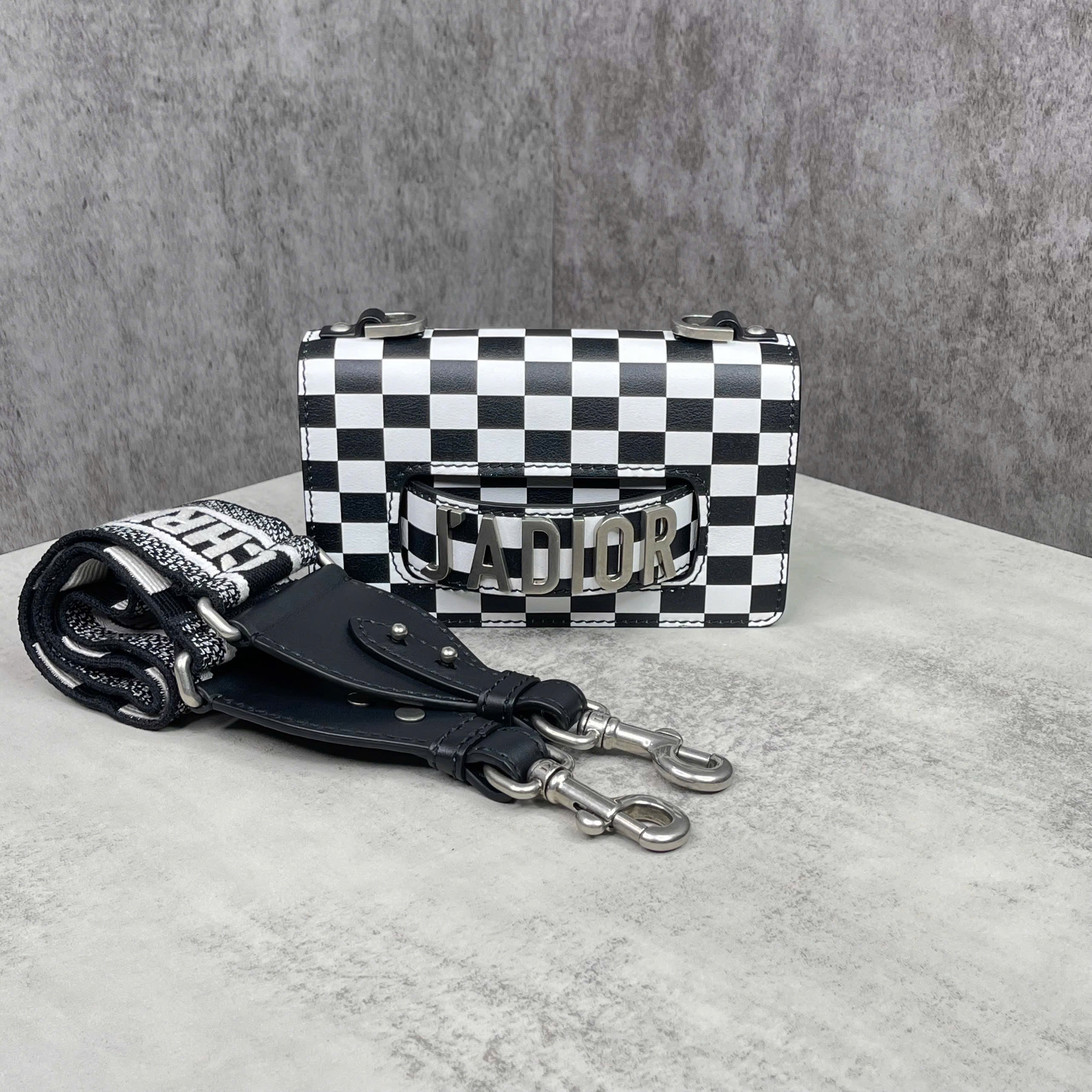 Dior J’Adior Flap Checkered Leather Đen Trắng