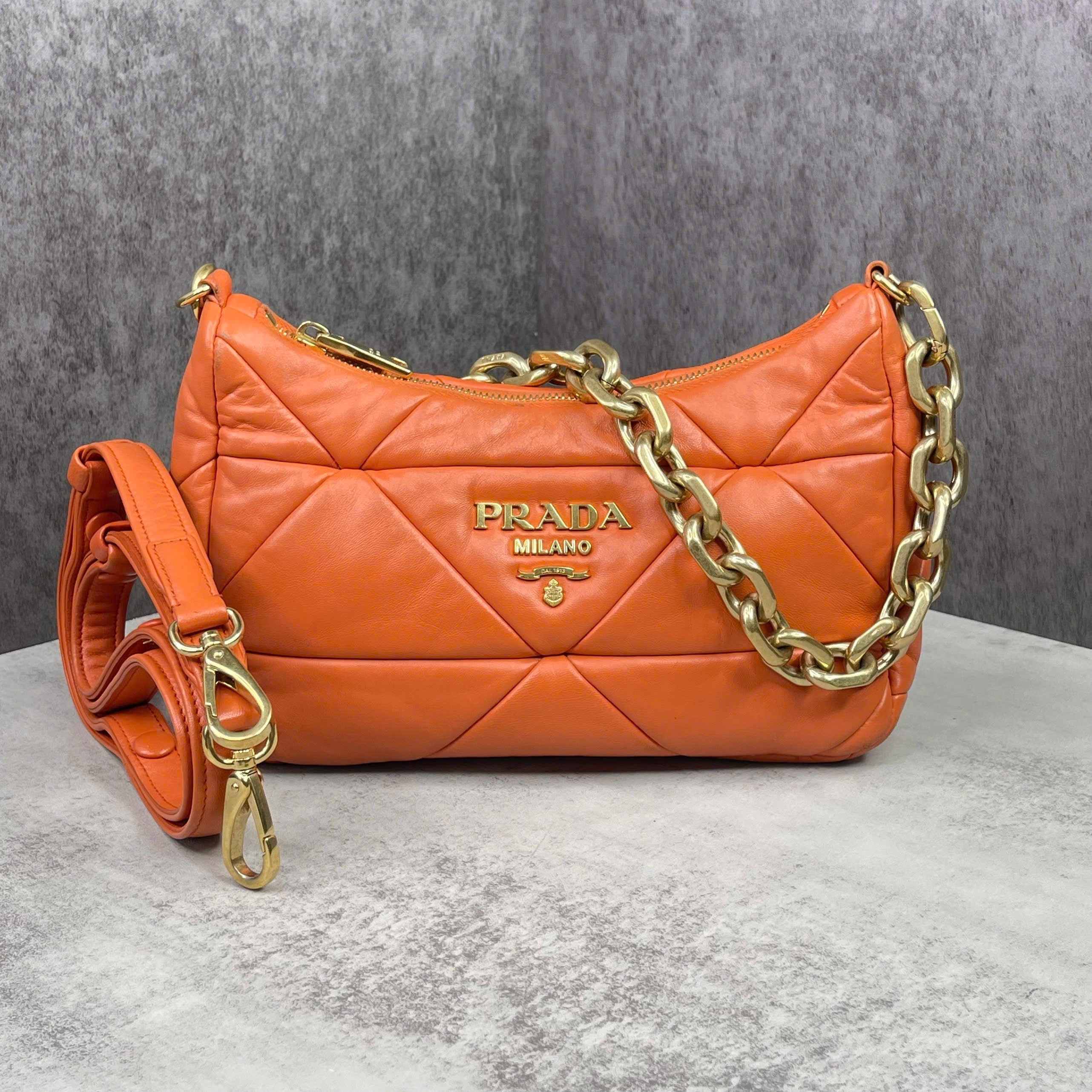 Prada Diagramme Quilted Leather Shoulder Bag Màu Cam – Size Small