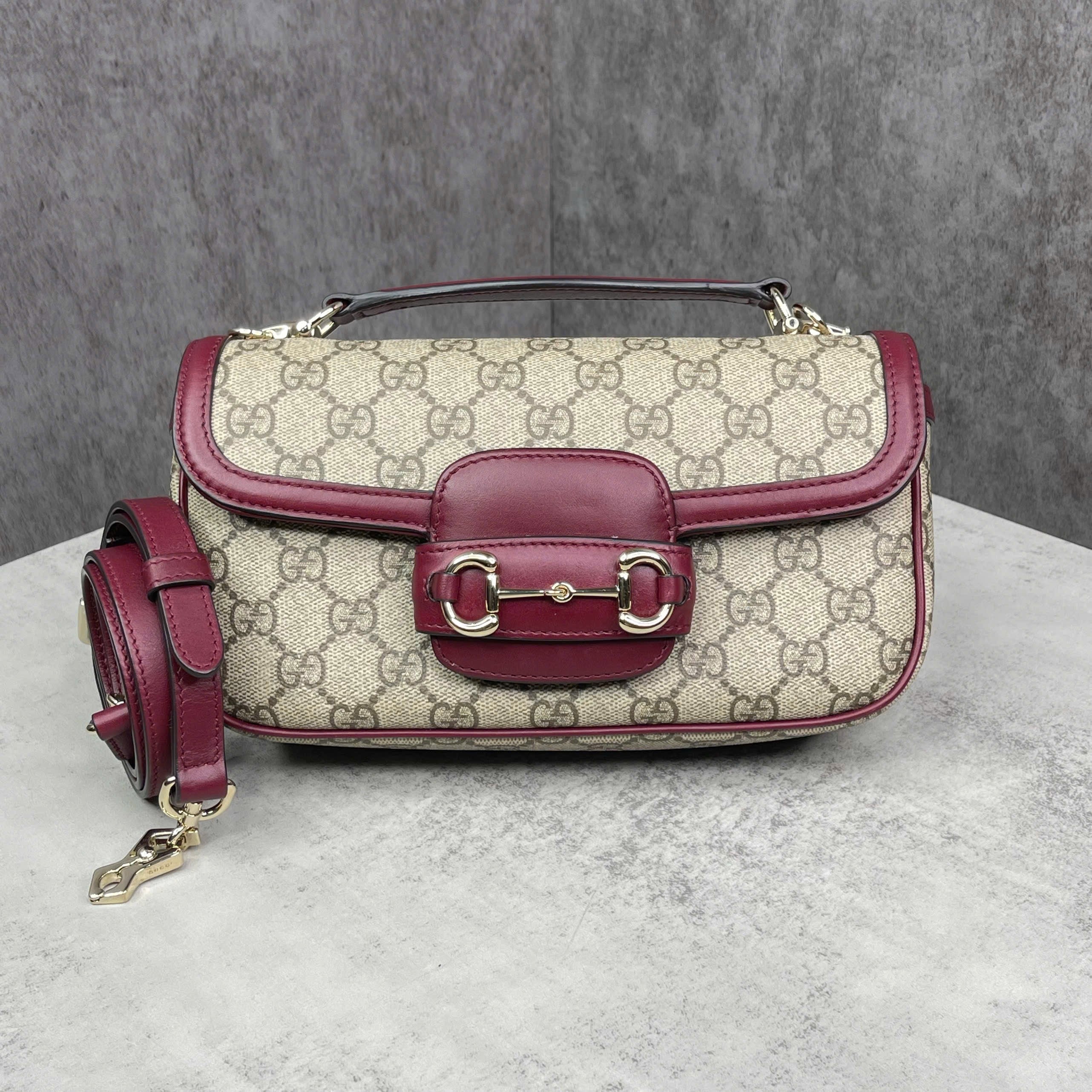 Gucci Horsebit 1955 Small GG Supreme Canvas Top Handle Bag – Beige/Burgundy