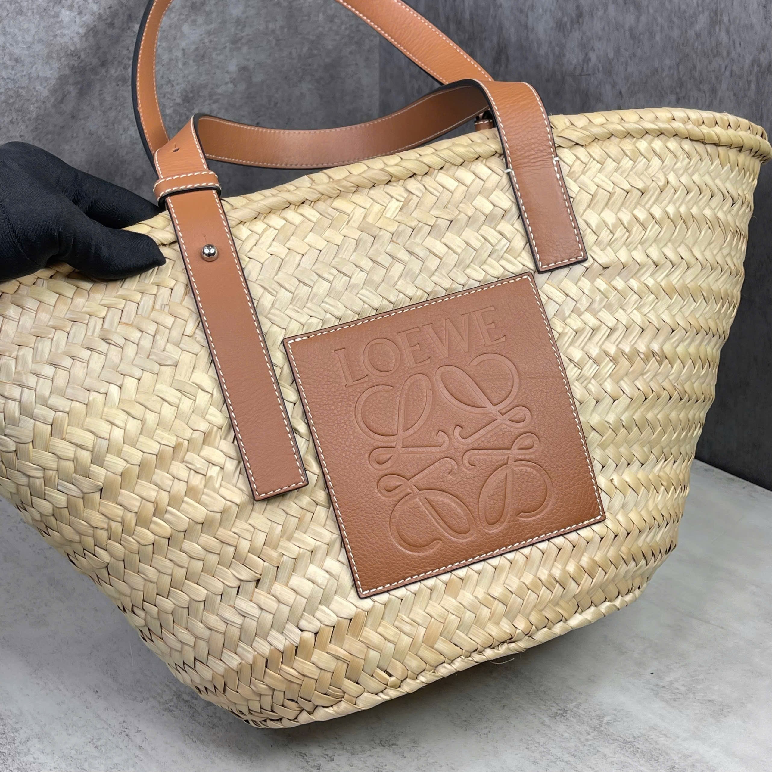 Loewe Basket Bag raffia phối da nâu Size M